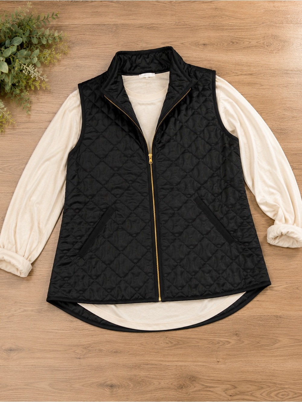 Old Navy Black Quilted Vest with Gold Zipper